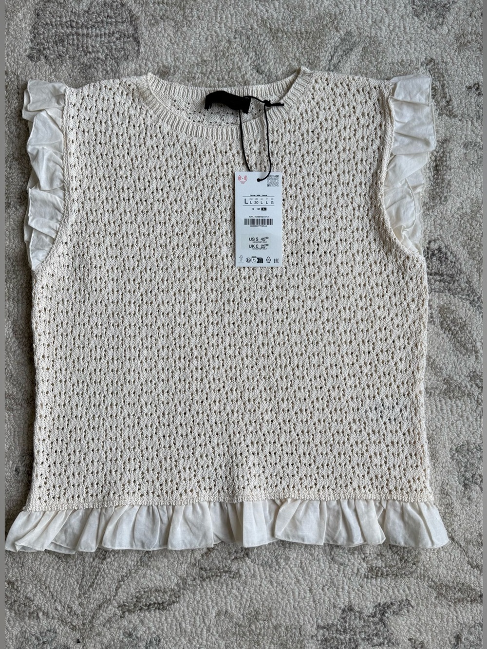 Zara Combined Pointelle Knit Top In Ecru